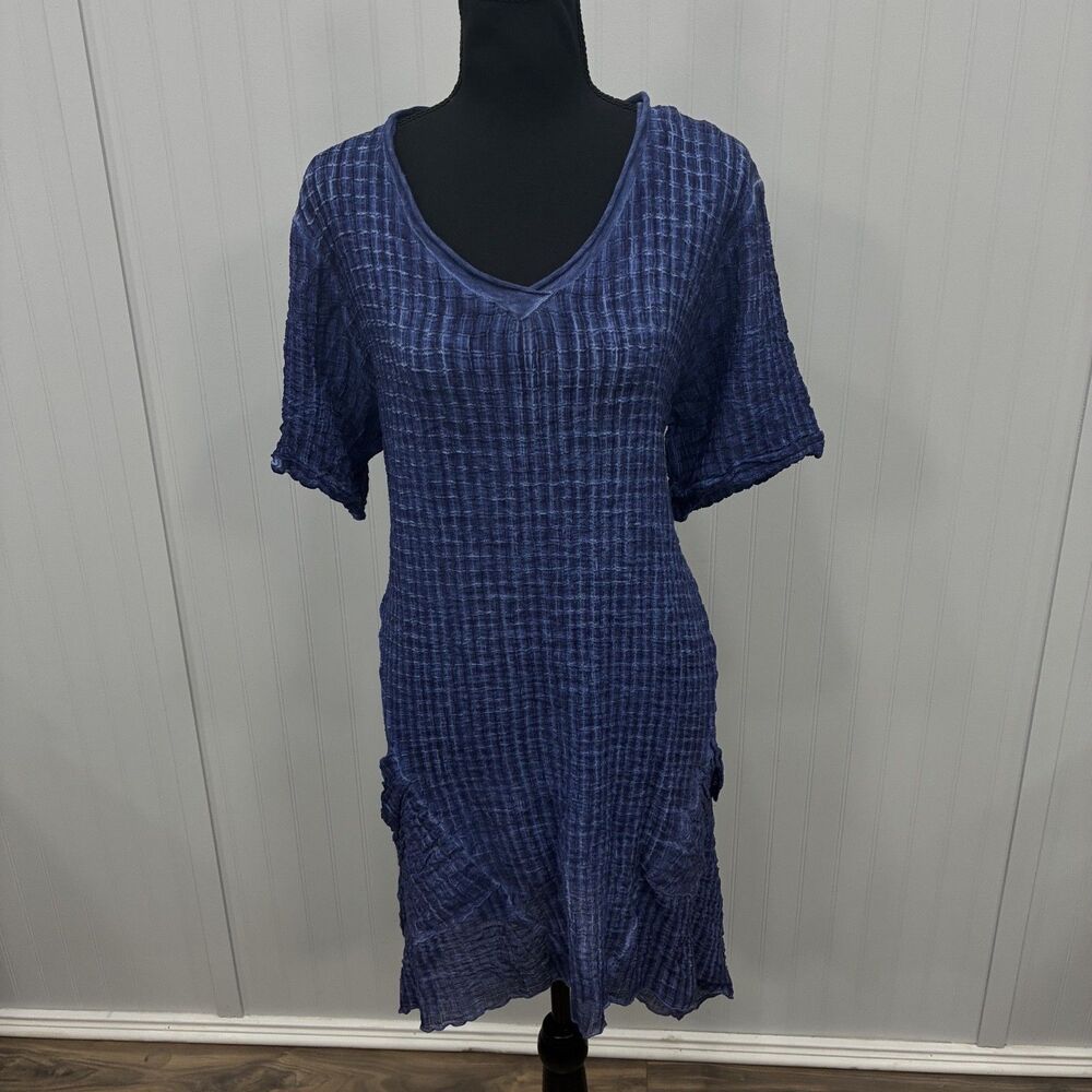 Fenini Womens Medium Blue Cotton Stretch Windowpane A-Line Tunic Dress Lagenlook